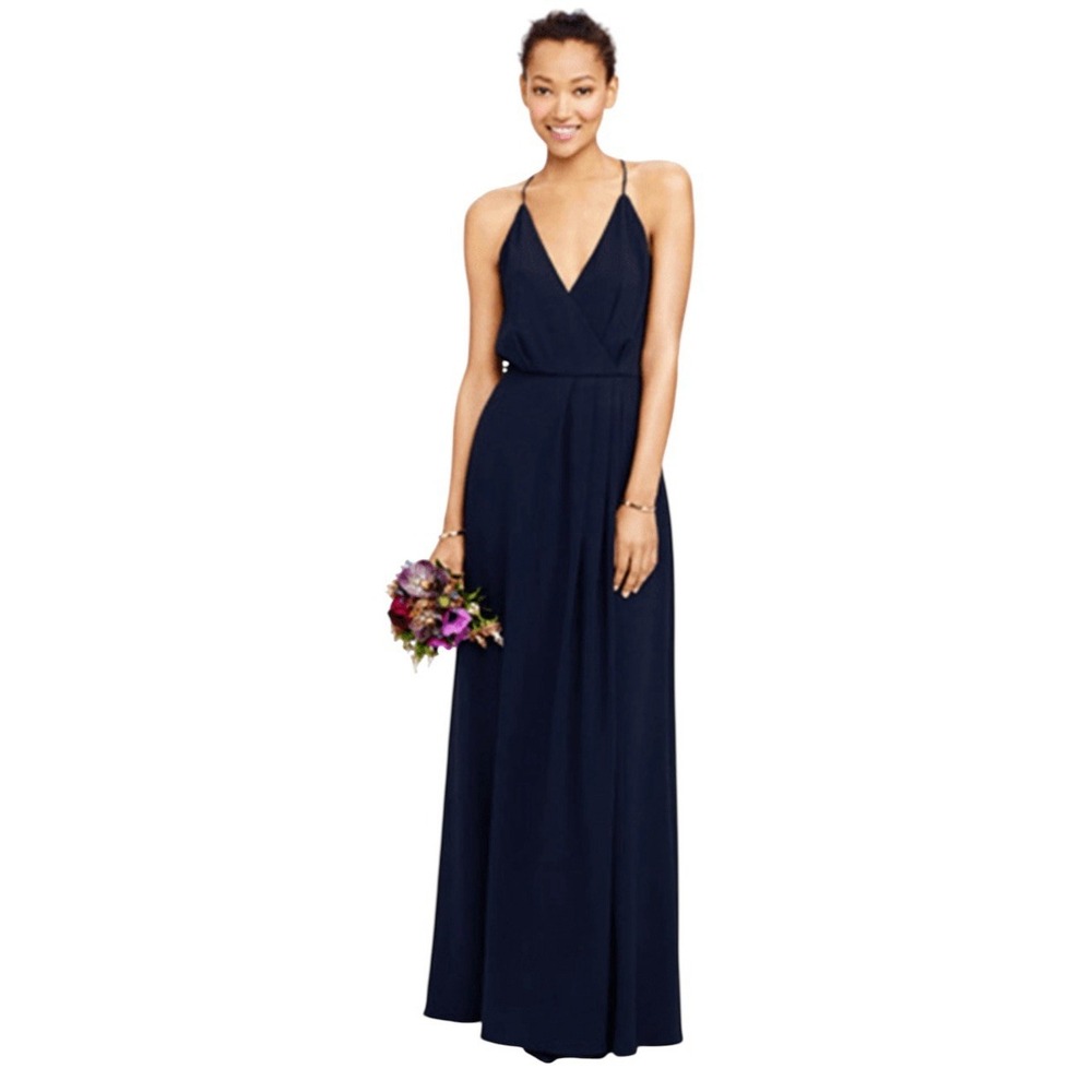 J Crew Womens Manuela Navy Surplice T Back Maxi Slip Dress Wedding Minimalist 00